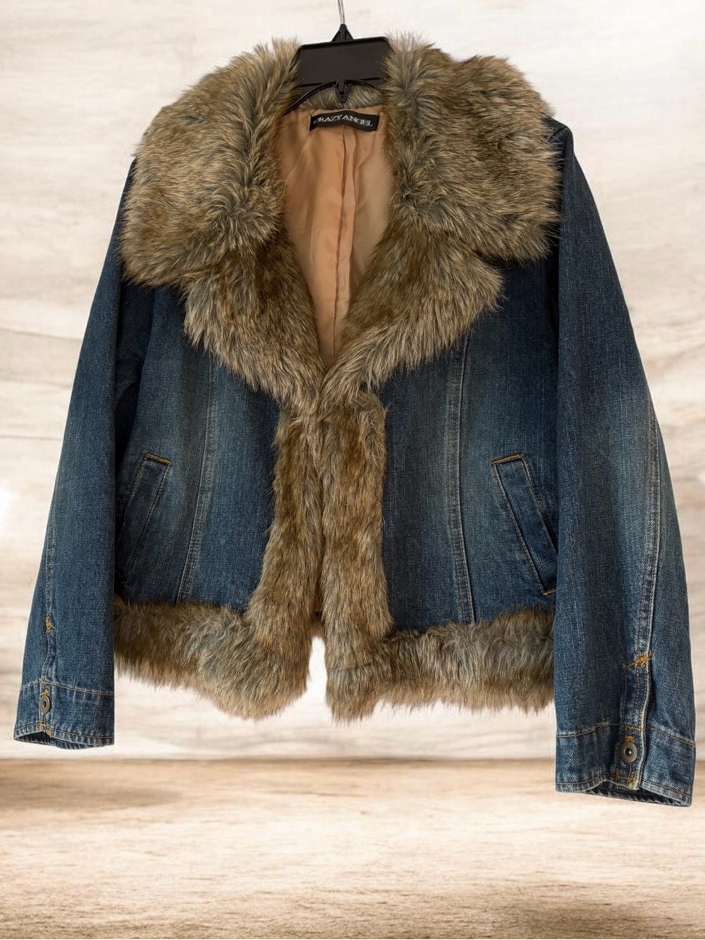 Vintage Y2K Faux Fur-Trim Cotton Denim Jean Jacket Size L